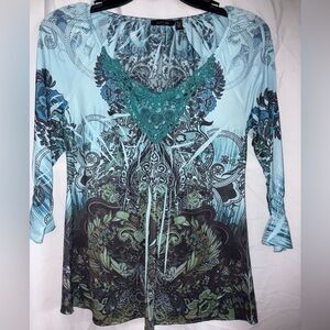 Apt. 9 Blue and Green Patterned Blouse